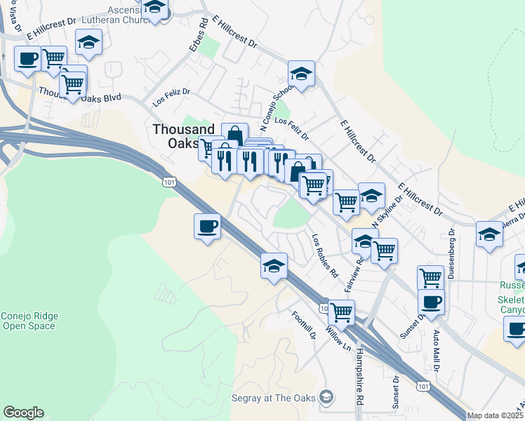 map of restaurants, bars, coffee shops, grocery stores, and more near 2414 Pleasant Way in Thousand Oaks