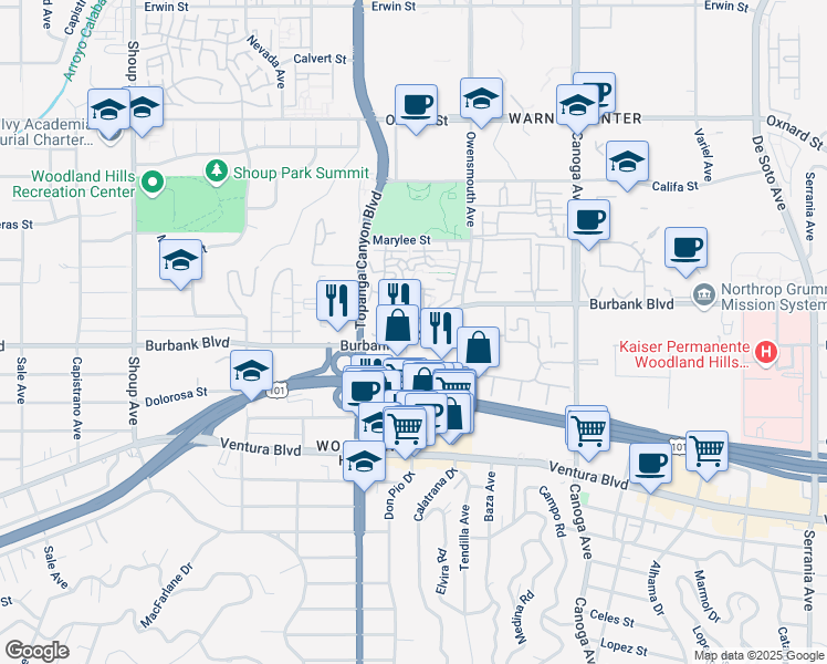 map of restaurants, bars, coffee shops, grocery stores, and more near 67 Burbank Boulevard in Los Angeles