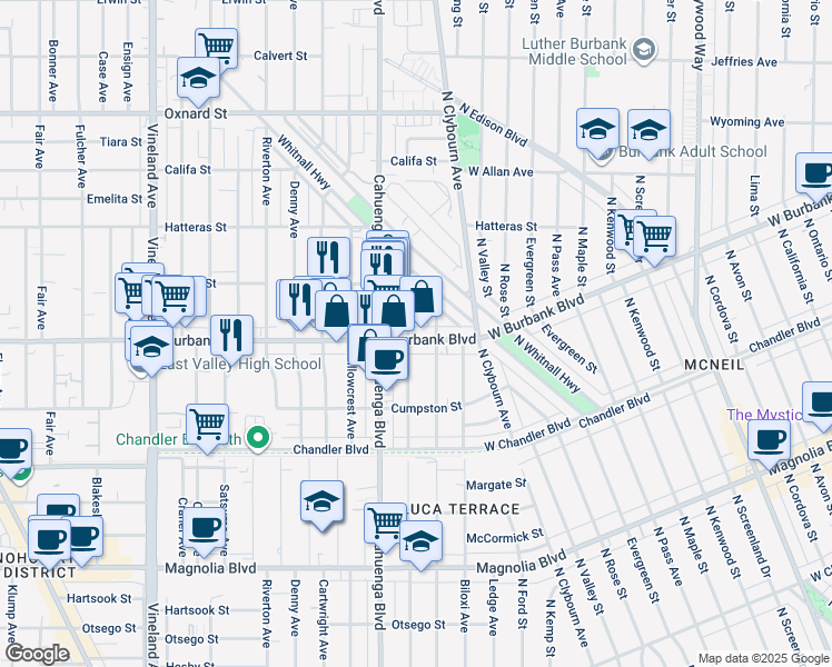 map of restaurants, bars, coffee shops, grocery stores, and more near 10523 Burbank Boulevard in Los Angeles