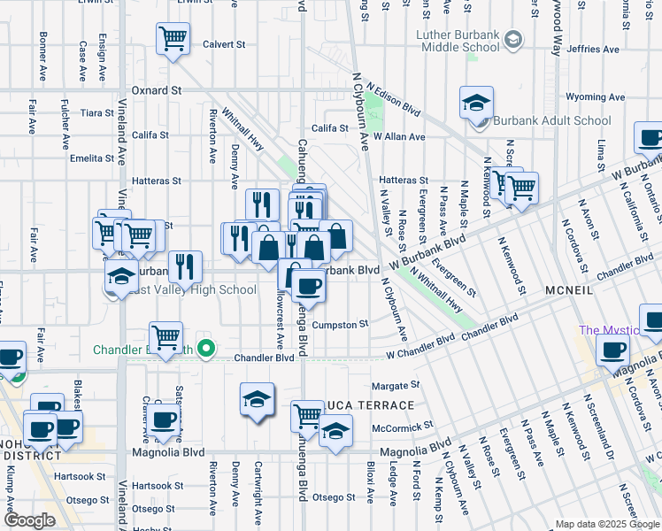 map of restaurants, bars, coffee shops, grocery stores, and more near 10523 Burbank Boulevard in Los Angeles