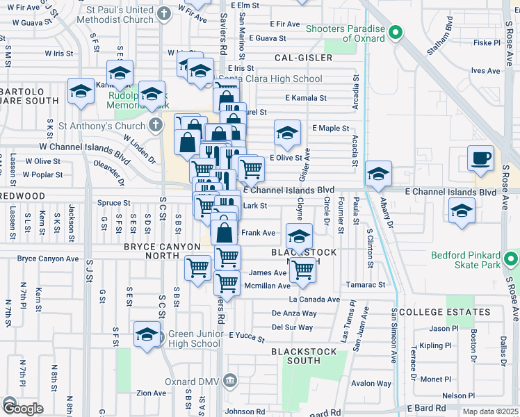map of restaurants, bars, coffee shops, grocery stores, and more near 168 Lark Street in Oxnard