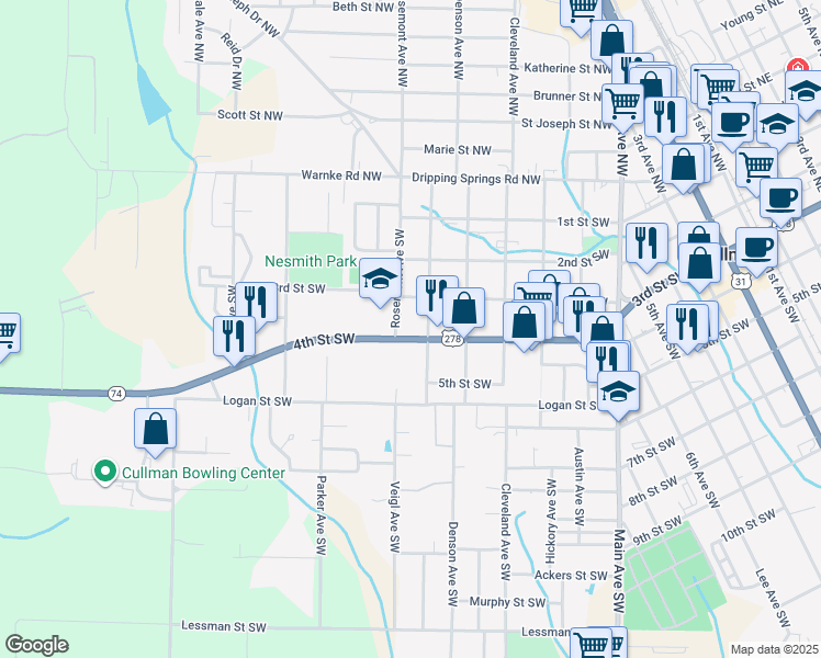 map of restaurants, bars, coffee shops, grocery stores, and more near 1425 4th Street Southwest in Cullman
