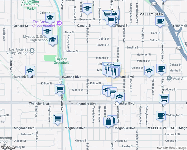 map of restaurants, bars, coffee shops, grocery stores, and more near 12633 Burbank Boulevard in Los Angeles