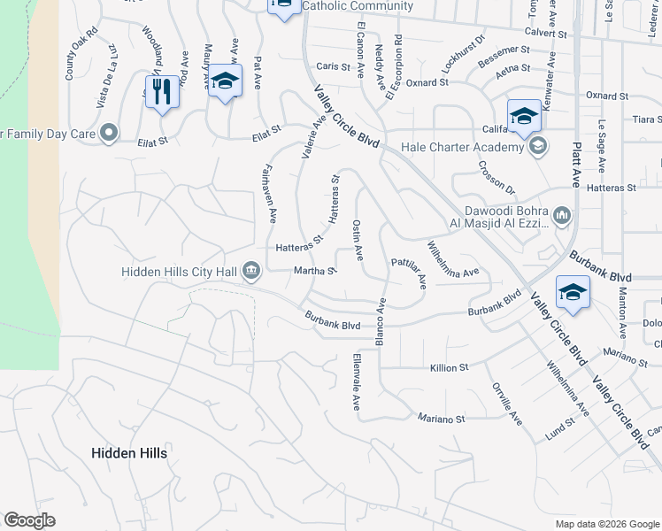 map of restaurants, bars, coffee shops, grocery stores, and more near 24248 Martha Street in Los Angeles