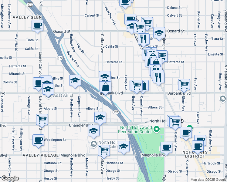 map of restaurants, bars, coffee shops, grocery stores, and more near 5633 Irvine Avenue in Los Angeles