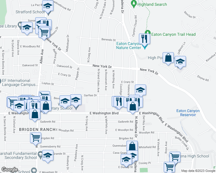 map of restaurants, bars, coffee shops, grocery stores, and more near 1522 North Roosevelt Avenue in Pasadena