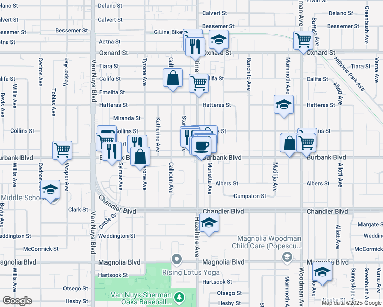 map of restaurants, bars, coffee shops, grocery stores, and more near 5624 Hazeltine Avenue in Los Angeles