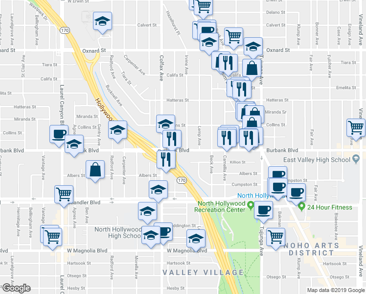 map of restaurants, bars, coffee shops, grocery stores, and more near 11639 Burbank Boulevard in Los Angeles