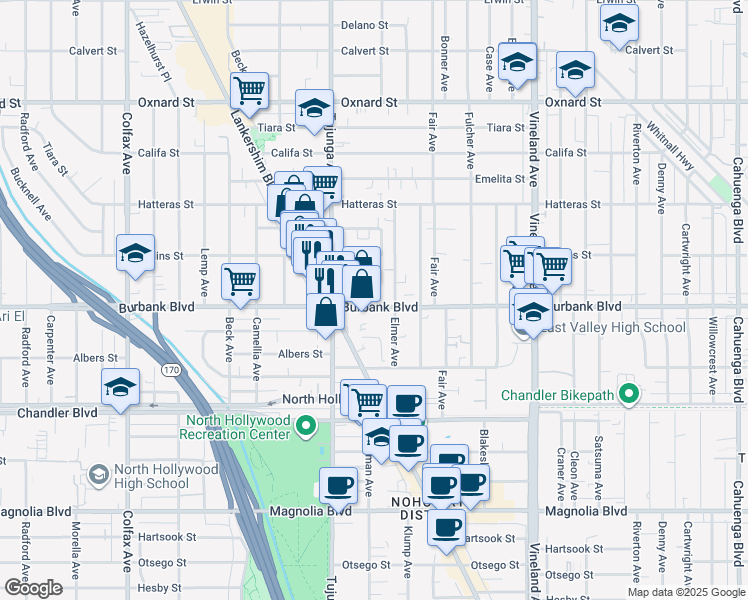 map of restaurants, bars, coffee shops, grocery stores, and more near 11308 Martha Street in Los Angeles