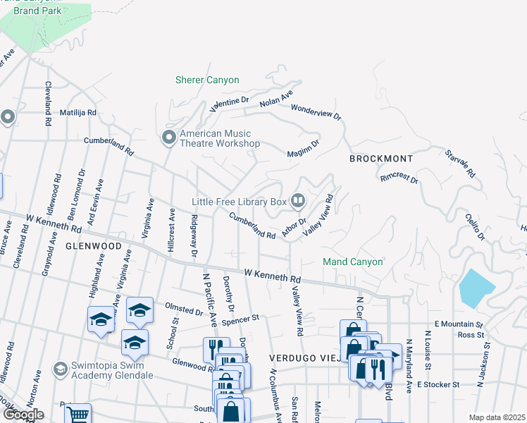 map of restaurants, bars, coffee shops, grocery stores, and more near 366 Brockmont Drive in Glendale