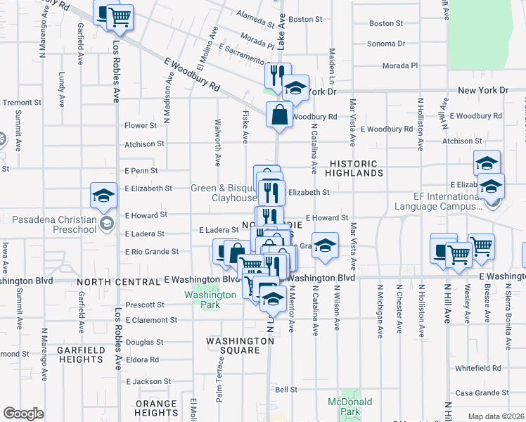 map of restaurants, bars, coffee shops, grocery stores, and more near 869 East Howard Street in Pasadena