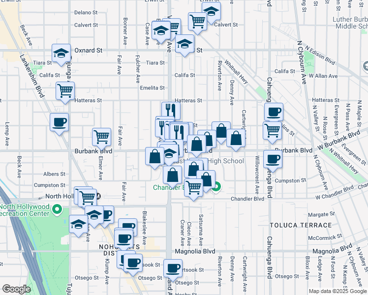 map of restaurants, bars, coffee shops, grocery stores, and more near 10929 Burbank Boulevard in Los Angeles