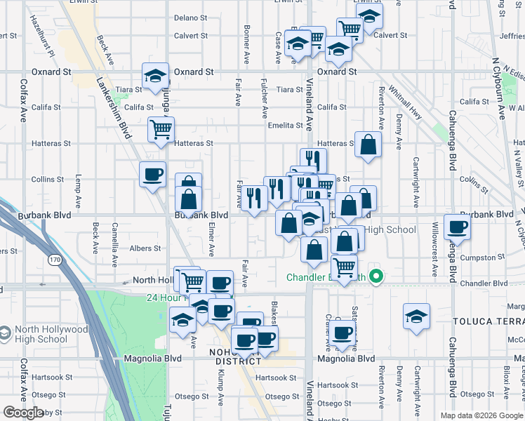 map of restaurants, bars, coffee shops, grocery stores, and more near 11119 Burbank Boulevard in Los Angeles