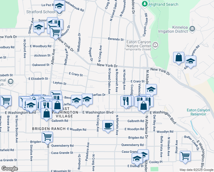 map of restaurants, bars, coffee shops, grocery stores, and more near 1563 North Grand Oaks Avenue in Pasadena