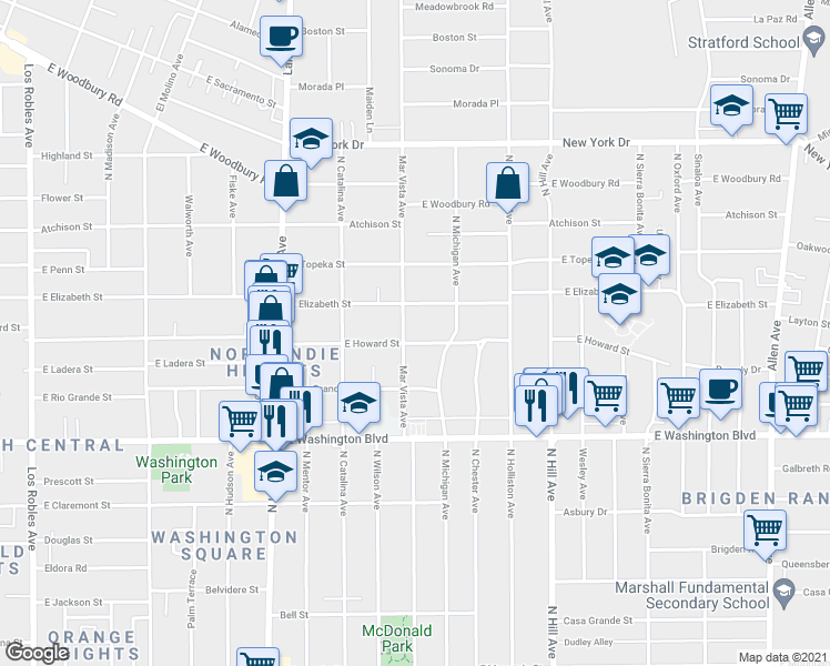 map of restaurants, bars, coffee shops, grocery stores, and more near 1164 East Elizabeth Street in Pasadena