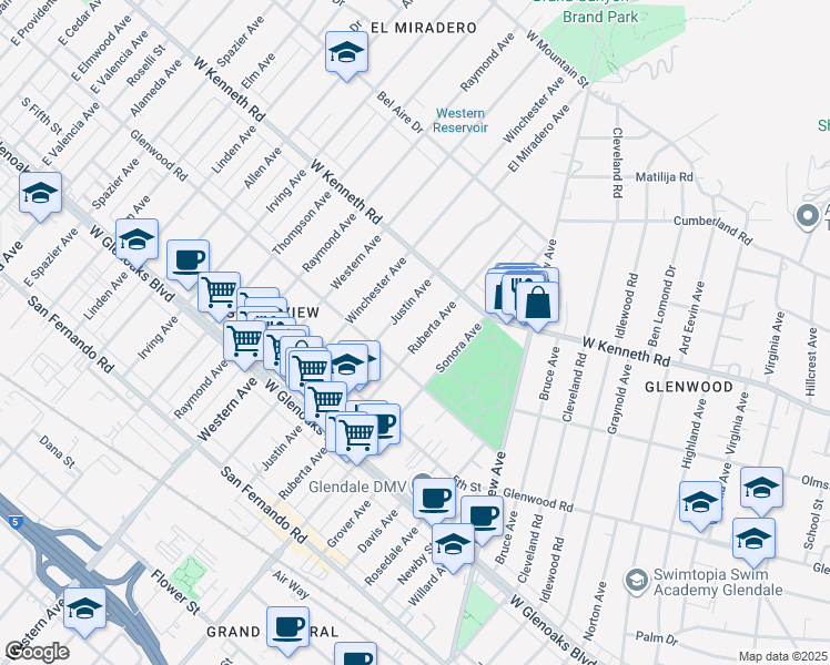 map of restaurants, bars, coffee shops, grocery stores, and more near 1240 Justin Avenue in Glendale
