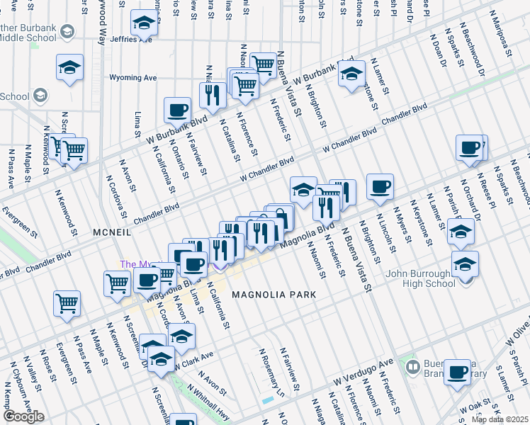 map of restaurants, bars, coffee shops, grocery stores, and more near 1014 North Catalina Street in Burbank