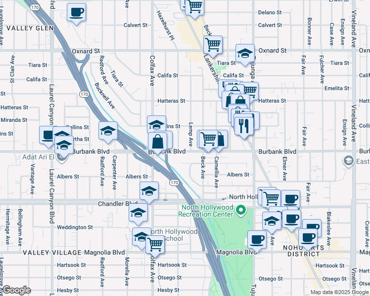 map of restaurants, bars, coffee shops, grocery stores, and more near 5627 Lemp Avenue in Los Angeles