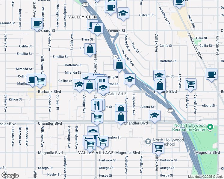 map of restaurants, bars, coffee shops, grocery stores, and more near 11942 Martha Street in Los Angeles