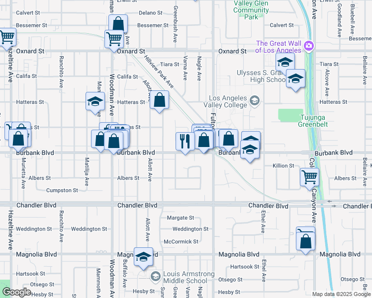 map of restaurants, bars, coffee shops, grocery stores, and more near 5625 Varna Avenue in Los Angeles