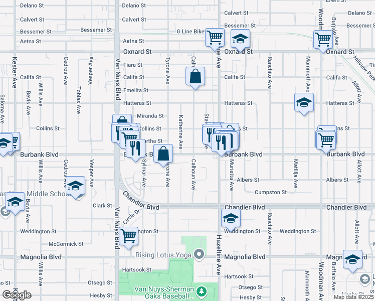 map of restaurants, bars, coffee shops, grocery stores, and more near 5628 Katherine Avenue in Los Angeles