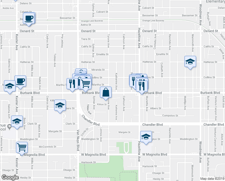 map of restaurants, bars, coffee shops, grocery stores, and more near 14302 Martha Street in Los Angeles