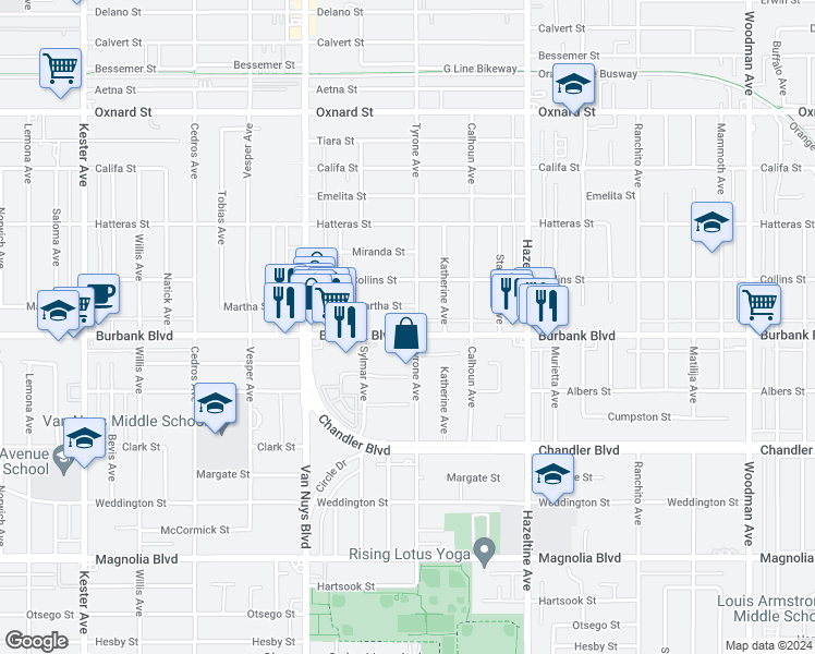 map of restaurants, bars, coffee shops, grocery stores, and more near 14302 Martha Street in Los Angeles
