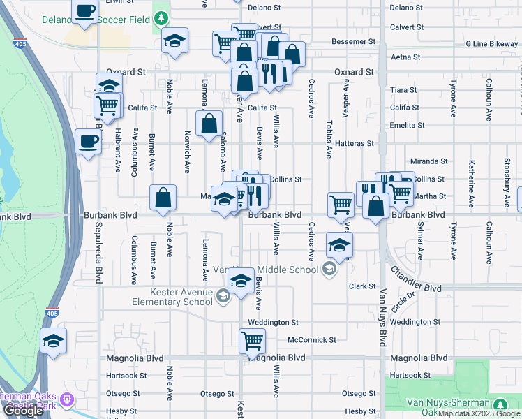 map of restaurants, bars, coffee shops, grocery stores, and more near 5631 Bevis Avenue in Los Angeles