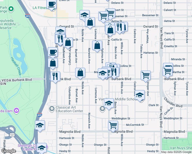 map of restaurants, bars, coffee shops, grocery stores, and more near 14956 Martha Street in Los Angeles