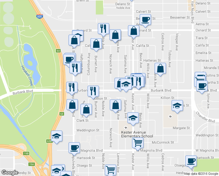 map of restaurants, bars, coffee shops, grocery stores, and more near 15040 Martha Street in Los Angeles