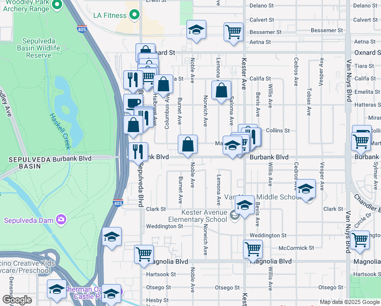 map of restaurants, bars, coffee shops, grocery stores, and more near 15116 Martha Street in Los Angeles