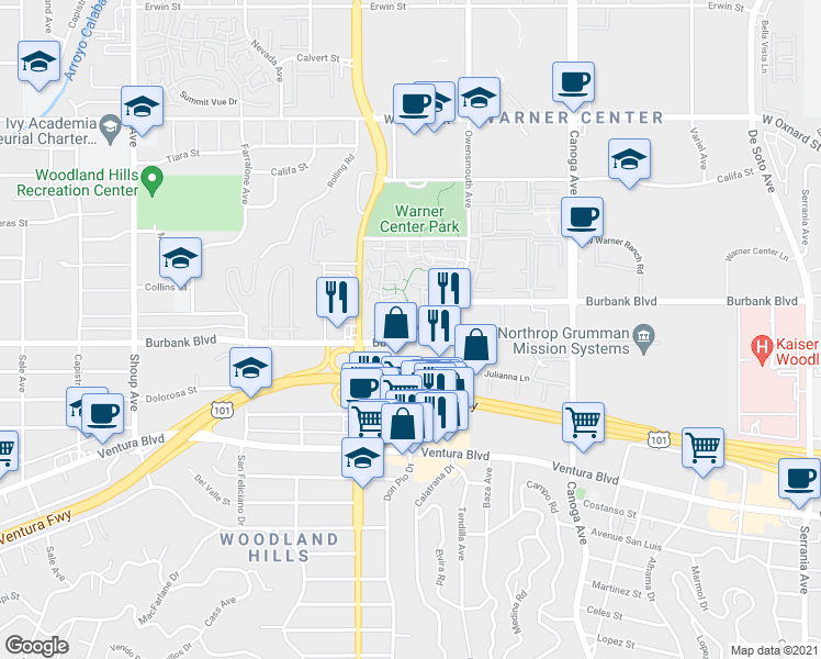 map of restaurants, bars, coffee shops, grocery stores, and more near 67 Burbank Boulevard in Los Angeles