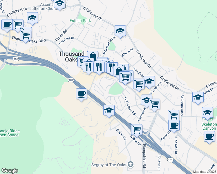 map of restaurants, bars, coffee shops, grocery stores, and more near 2456B Pleasant Way in Thousand Oaks