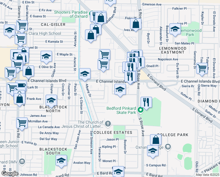 map of restaurants, bars, coffee shops, grocery stores, and more near 1334 East Channel Islands Boulevard in Oxnard