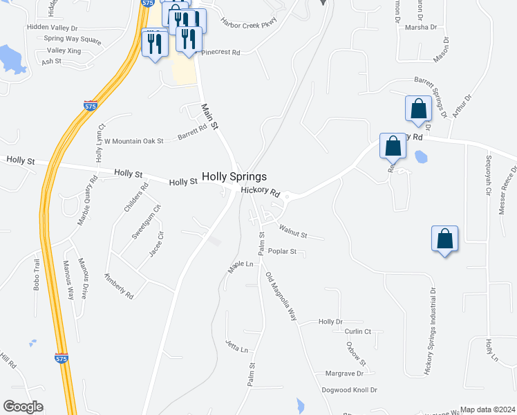 map of restaurants, bars, coffee shops, grocery stores, and more near 115 Palm Street in Holly Springs