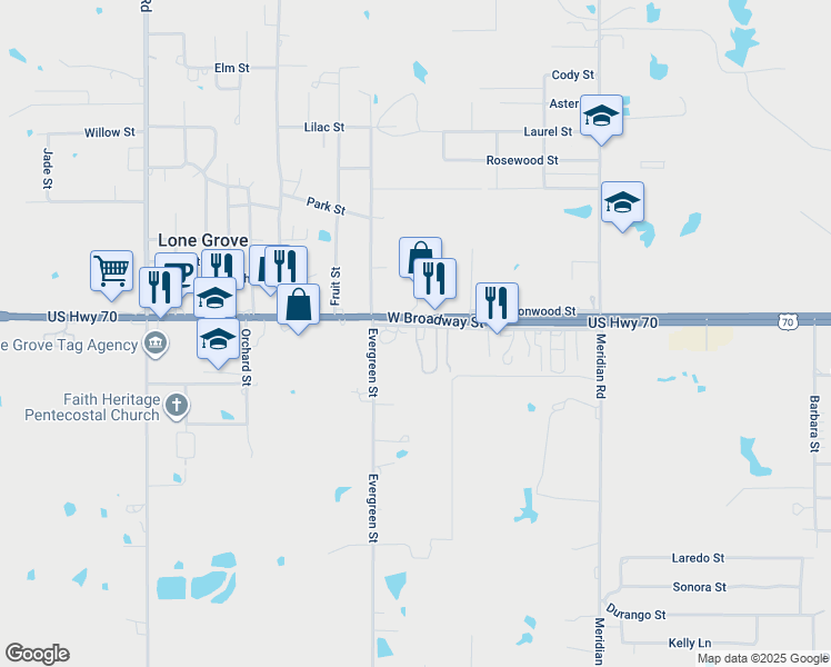 map of restaurants, bars, coffee shops, grocery stores, and more near 16484 West Broadway Street in Lone Grove