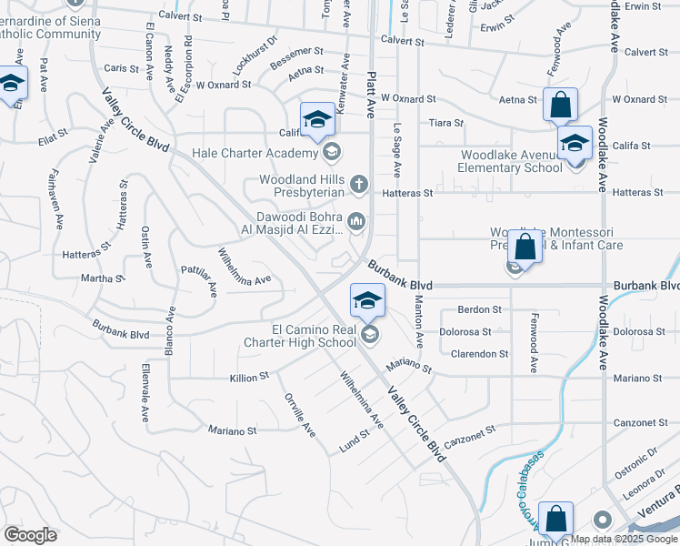 map of restaurants, bars, coffee shops, grocery stores, and more near 21050 West Burbank Boulevard in Los Angeles