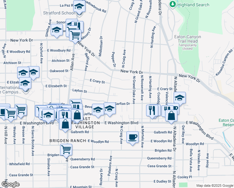 map of restaurants, bars, coffee shops, grocery stores, and more near 2169 Layton Street in Pasadena