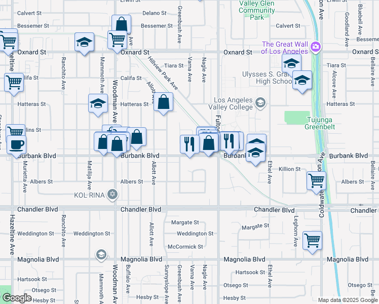 map of restaurants, bars, coffee shops, grocery stores, and more near 13405 Burbank Boulevard in Los Angeles
