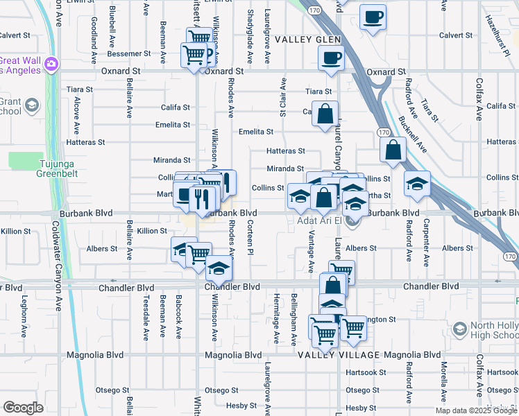 map of restaurants, bars, coffee shops, grocery stores, and more near 12315 Burbank Boulevard in Los Angeles