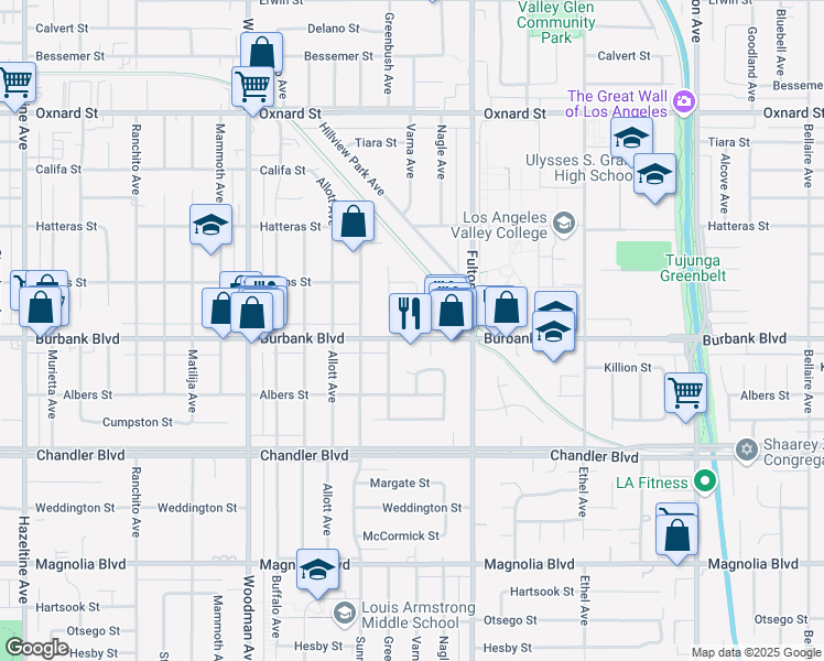 map of restaurants, bars, coffee shops, grocery stores, and more near 13405 Burbank Boulevard in Los Angeles