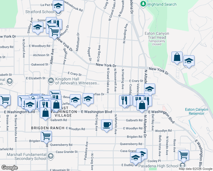 map of restaurants, bars, coffee shops, grocery stores, and more near 1523 North Grand Oaks Avenue in Pasadena