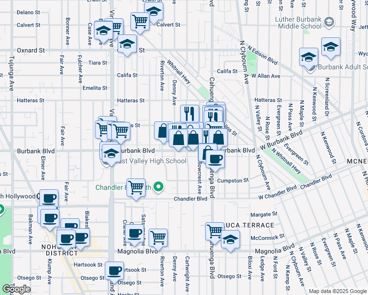 map of restaurants, bars, coffee shops, grocery stores, and more near 5626 Cartwright Avenue in Los Angeles