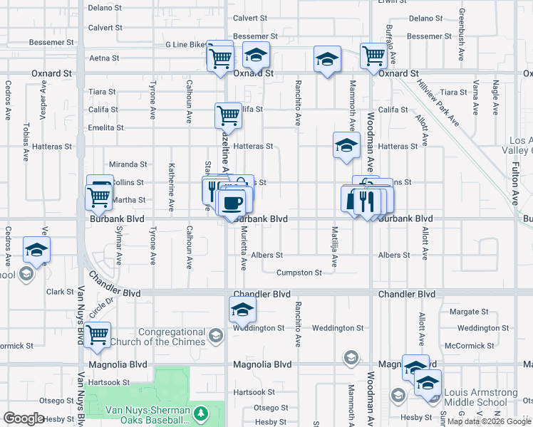 map of restaurants, bars, coffee shops, grocery stores, and more near 5627 Colbath Avenue in Los Angeles