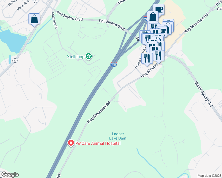 map of restaurants, bars, coffee shops, grocery stores, and more near 5008 Hog Mountain Road in Flowery Branch