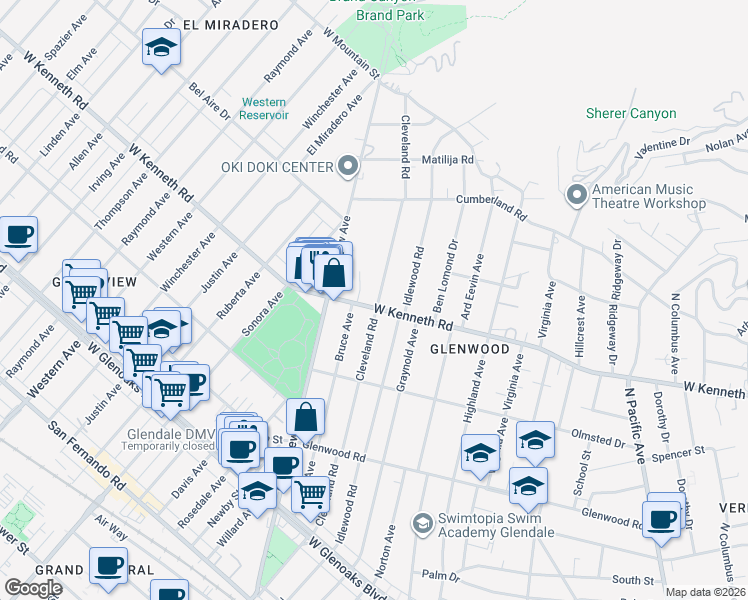 map of restaurants, bars, coffee shops, grocery stores, and more near 1526 Cleveland Road in Glendale