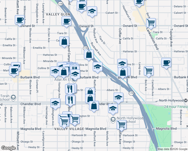map of restaurants, bars, coffee shops, grocery stores, and more near 5626 Radford Avenue in Los Angeles