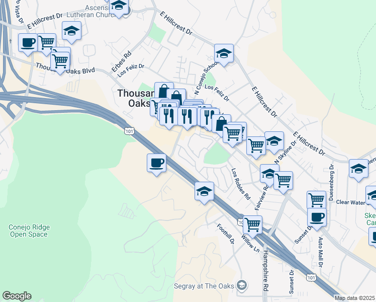 map of restaurants, bars, coffee shops, grocery stores, and more near 2399 Thunderbird Drive in Thousand Oaks