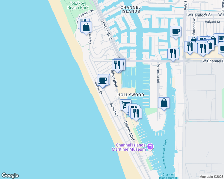 map of restaurants, bars, coffee shops, grocery stores, and more near 2941 Harbor Boulevard in Oxnard
