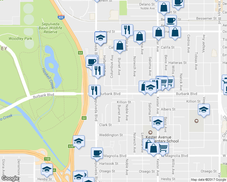map of restaurants, bars, coffee shops, grocery stores, and more near 15153 Burbank Boulevard in Los Angeles
